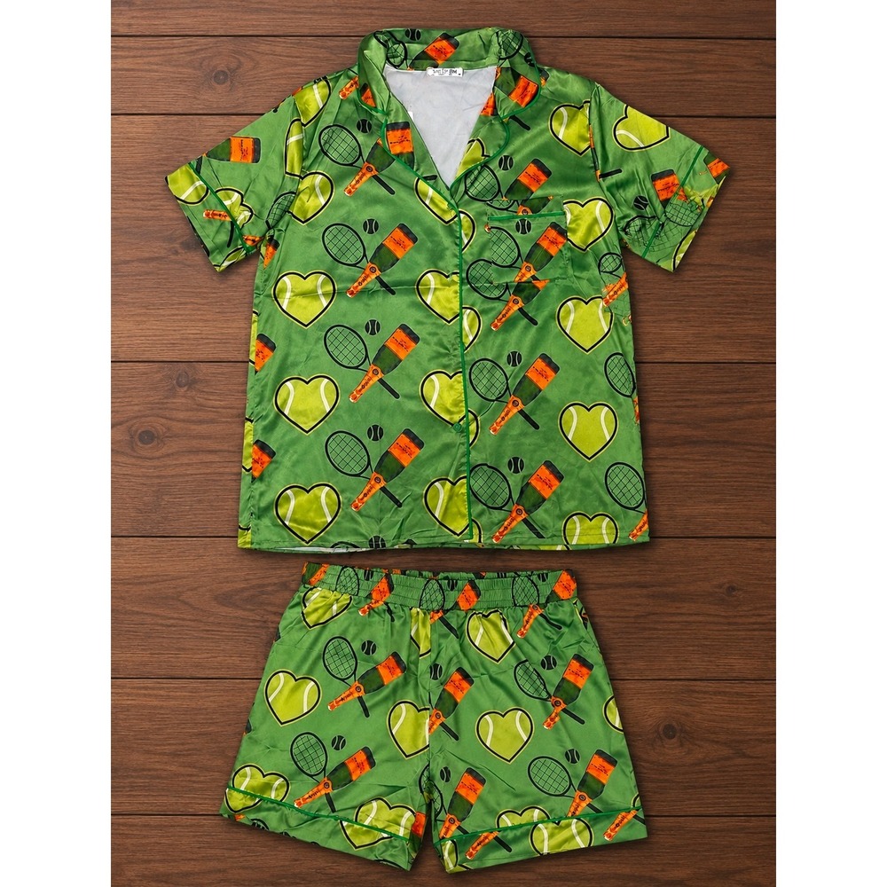 SHESHOW Womens Green Tennis Champagne Print Satin Pajama Set Short Sleeve Medium